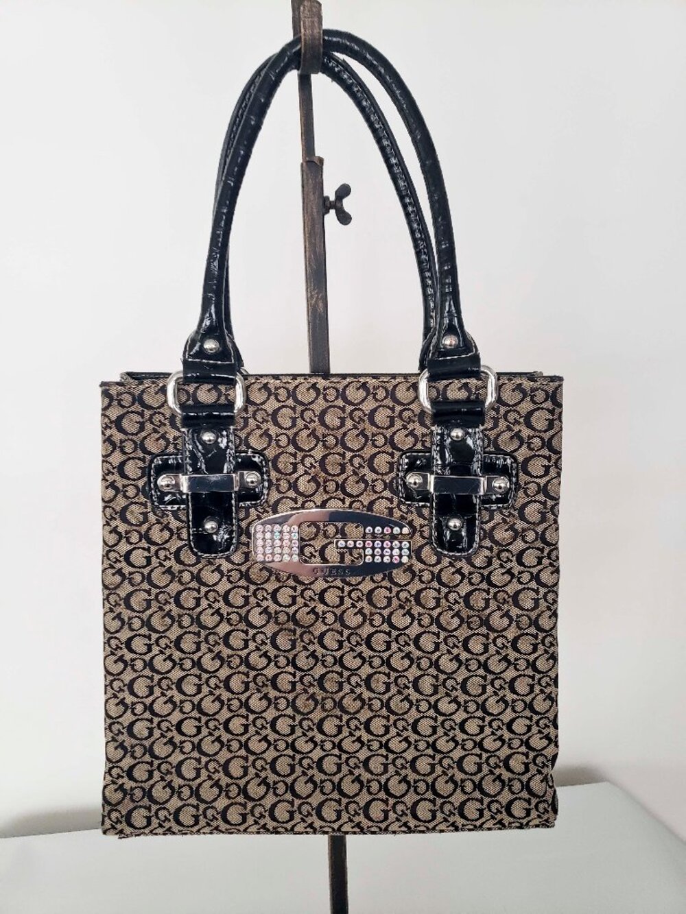 Vintage Guess Rhinestone G Logo Tote Monogram Canvas Patent Handles